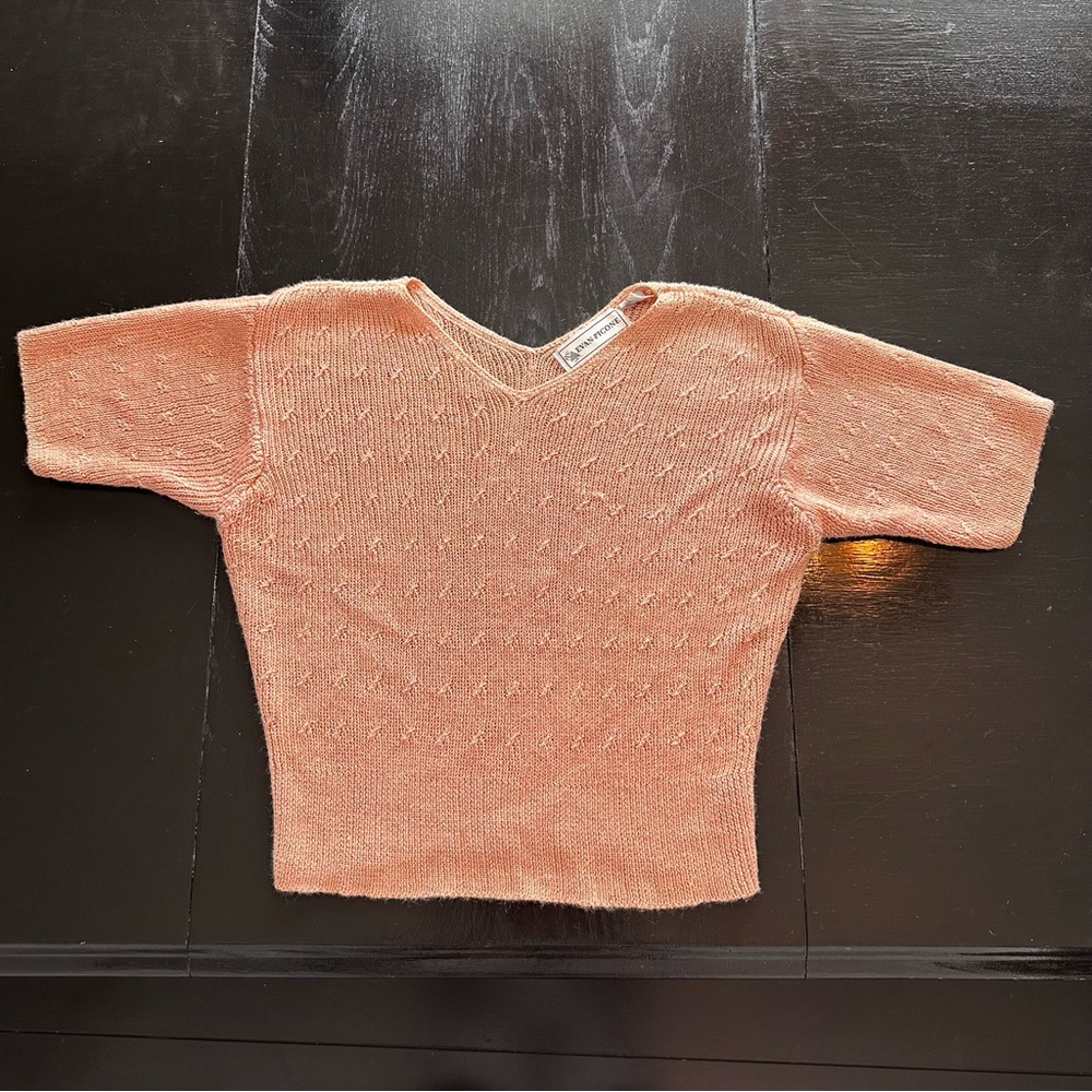 Vintage Evan Picone Large Stretchy Pink Knit Short Sleeve sweater Ramie